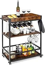 Giantex Kitchen Cart on Wheels, Bar Cart w/Removable Top Tray, Wine Rack, Glass Holder, 3-Tier Storage Shelf, 4 Hooks, Industrial Serving Cart for Kitchen, Dining Room, Rustic Brown