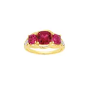 9ct Gold Created Ruby & Diamond Trilogy Ring in Red