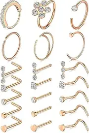 [Briana Williams] 20g Nose Rings Hoop L Shape Nose Studs Stainless Steel Nose Screw Bone Flat Top Diamond Opal Heart High Nostril Piercing Jewelry Silver Rose Gold Black Pack for Women Men