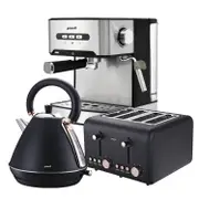 Pronti Toaster, Kettle & Coffee Machine Stainless Steel Breakfast Set (Black)