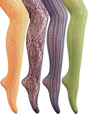 [DIAOKANAI] 4 Pack Women's Patterned Fishnets, Orange,Green,Purple,Blue Fishnet Tights, Colored Fish Net Stockings Pantyhose