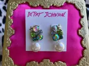 Betsey Johnson Crabby Couture Blue Starfish Crystal Cluster Pearl Drop Earrings