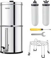VEVOR Gravity-fed Water Filter System, 2.25G 304 Stainless-Steel Countertop Water Filtration System, Reduces Lead and up to 99% of Chlorine, with 2 Ceramic Carbon Filters, Water Level Spigot, Stand