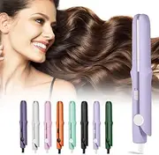 2 in1 Mini Dual Purpose Curling Wand Flat Iron, Portable Hair Straightener Travel Curling Tool for All Hair Types. (Light Purple)