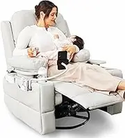 Rocking Chair Nursery with Adjustable Armrests, Electric Glider Recliner Nursery Chair for Breastfeeding, Power Swivel Recliner Chair with USB Port and Storage, FSC Certified (Vanilla)