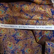 Blue, shiny gold 3 yards by Hi-Fashion Fabrics Peacock feathers Vtg cotton
