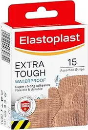 Elastoplast Extra Tough Waterproof Plasters Assorted (15 Pack) | Protects Wounds from Bacteria & Dirt | Latex Free | Breathable Fabric | Flexible & Durable Material | Water-Repellent Keeps Wound Dry