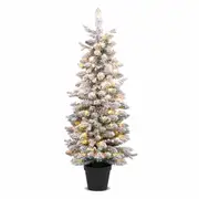 Costway Christmas Snowy Pencil Tree PE Potted Spruce Tree w/8 Lighting Modes Xmas Decoration