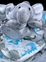 NEW Petite L'Amour Baby Blue Sherpa Plush Blanket & Elephant Lovey SOFT 30 x 40"