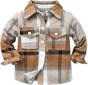 [OBEEII] Toddler Boys Girls Plaid Flannel Shirts Jacket Long Sleeve Lapel Button Down Shacket Fall Outerwear for Kids