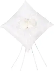 VANZACK Wedding Ring Pillow White Lovely Flower Faux Pearls Bridal Ring Bearer Holder with Ribbons for Wedding Party Ceremony