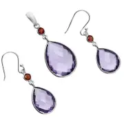 Premium Amethyst Briolette & Garnet 925 Silver Pendant Earrings Set T-1010