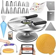 RFAQK 50PCs Cake Turntable -12" Aluminum Revolving Cake Stand- Professional Cake Leveler- Decorating Supplies Kit with Straight & Offset Spatula-Numbered Icing Tips & Bags