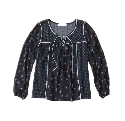 Abercrombie & Fitch Women Navy Blue Floral Sheer Chiffon Lace Up Peasant Top S