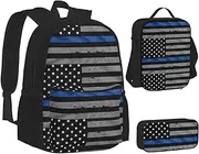 [ERCgad] American Thin Blue Line Flag Print Canvas 3-In-1 School Bags Set Backpack Lunch Bag Pencil Case Combo For Men Women, Black, One Size