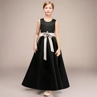 黑色禮服鋼琴演出服女童晚禮服兒童禮服公主裙兒童演出服黑色優雅緞面