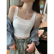 Square Neck Plain Ruched Padded Crop Tank Top White - One Size