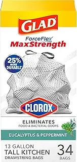 Glad Tall Kitchen Trash Bags ForceFlexPlus With Clorox, 13 Gallon, Eucalyptus and Peppermint, 34 Count (Package May Vary)