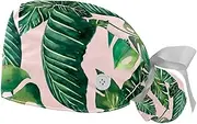 [WOSHJIUK] Working Hat 2 Pack Scrub Caps for Women,Tropical Leaves,Tie Back Cap Adjustable Scrub Hat
