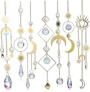 VINTORKY Gorgeous Crystal Sun Catcher Wind Chime 7pcs Set Star and Moon Motifs for Decorative Garden Light Decor