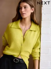 Green Lime Premium Soft Touch Collared Button Down Knitted Shirt with Alpaca (E55402) | $62