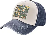 [YANYU] Corgi Floral Flowers Print Fashion Washed Distressed Baseball Cap Vintage Adjustable Hat with Classic Brim, Navy Blue, One Size