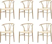 [OIKITURE] Wooden Dining Chairs Set of 6 Kitchen Wegnar Chairs for Home Cafe Metal Hans Lounge Chair Beige