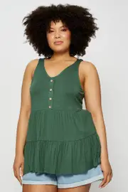 Green Tank Top Peplum Scoop Neck Jersey Button Front