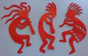 Set of 3 Kokopelli Musicians Fertility Metal Wall Art Each 18" Tall Red Finish