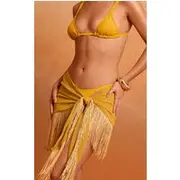 Mustard Chiffon Fringe Trim Sarong, Mustard