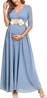 [AISWI] 3/4 Sleeve Maternity Dress Leaf Lace Contrast Chiffon V Neck Wrap A Line Flowy Pregnancy Dresses for Baby Shower