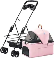 Pet Stroller Strolling Cart for Small Medium Cats Dogs 3-in-1 Waterproof Puppy Strollers Travel Carrier Car Seat (Pink)