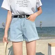 High Waist Roll Up Hem Denim Shorts Light Blue - XL