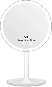 Auxmir Makeup Vanity Mirror with 46 LED Lights, Rechargeable 5X Lighted Magnifying Tabletop Mirror with Smart Touch Screen, 3 Light Colors Adjustable Dimmable Freestanding Cosmetic Mirror With Tray