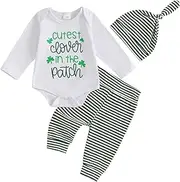 [Kuriozud] St Patricks Day Baby Boy Outfit First St Patricks Day Romper and Shamrock Pants Set with Hat 3Pcs Spring Clothes