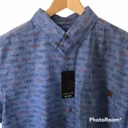 Solaris Shirt Mens LT Large Tall Button Down Woven Fish Print Blue 100% Cotton