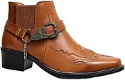 [Generic] Men Western Ankle Boots Buckle Belt stiefs Retro Leather Square Toe Cowboy Short Boots Cowboy Motorcycle bootsOrange,41