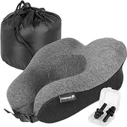Fosmon Travel Neck Pillow with Earplugs, Soft and Comfortable Memory Foam Neck Cushion, Head & Chin Support Travel Pillow Machine Washable 100% Cotton Cover for Car Bus Train Plane (Dark Gray/Black)