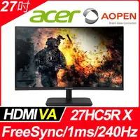 在飛比找PChome24h購物優惠-AOPEN 27HC5R Xbmiipx曲面電競螢幕 (27