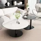 Modern Round White Marble Coffee Table+Grey Glass Side Table Set Heavy Metal Leg