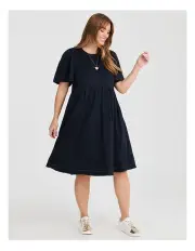 [Taking Shape] Cotton Contrast Stitch Dress Navy