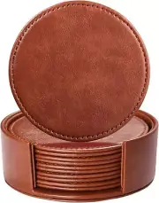 Drink Coasters with Holder, 4" Leather for Drinks Set of 6 Brown