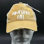 Midwestern Girl Ponytail Cap Trucker Hat Mustard Factory Distressed NWT