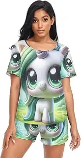 [RPLIFE] Green Unicorn Pajamas for Women Shorts Set, Womens Matching Pajama Set, Green Unicorn, Large