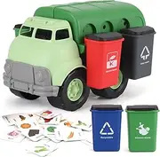 Big Plastic Garbage Truck Toy, Waste Management Recycling Vehicle with 4 Trash Cans and Garbage Sorting Cards for Kids