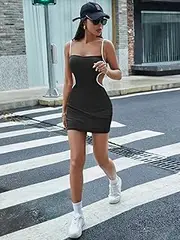 Haoyuce Womens Summer Deep V Neck Sexy Contrast Binding Cut Out Cami Dress Mini Short Dresses (Color : Black, Size : Large)