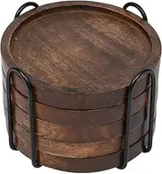 SAMHITA Mango Wood Coasters for Drinks with Iron Holder Stand Set of 5 for Countertop and Surfaces from Water Marks or Damage (4.5 x 4.5 x 0.5)