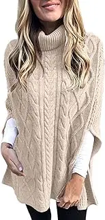 [CRNTCEM] Women's Turtleneck Poncho Jumper 2023 Autumn Winter Fashion Chunky Warm Cable Knit Cape Pullover Tops