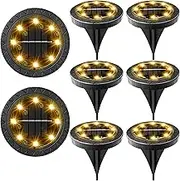 Solar Powered Ground Lights 8 Pack, IP68 Waterproof Outdoor LED Disk for Garden, Non-Slip Landscape Path Lighting, Patio Lawn Yard Pathway Wear-Resistant Deck Walkway Decor (Warm White)