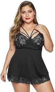 [UIVHLW] Women's Babydoll Increased Fattening Lace Transparent Nightdress Black